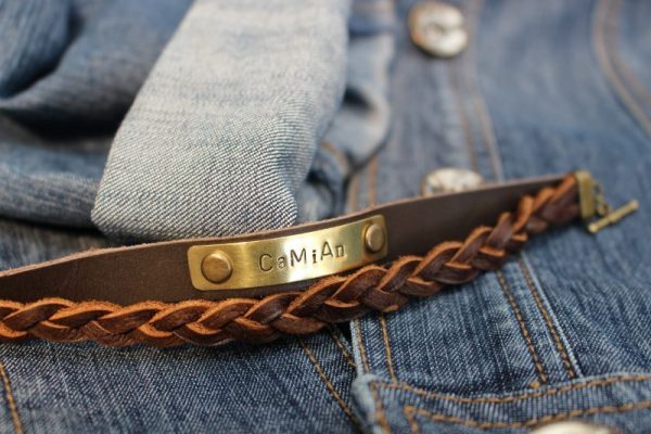 Blinkidees hand stamped brass and leather bracelet